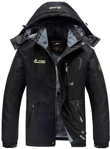 WILLONG Mens Waterproof Fleece Jackets Winter Coats Warm Mountain Jackets with Hood for Outdoor Hiking Walking Skiing Working Camping Fishing Black UK 2XL