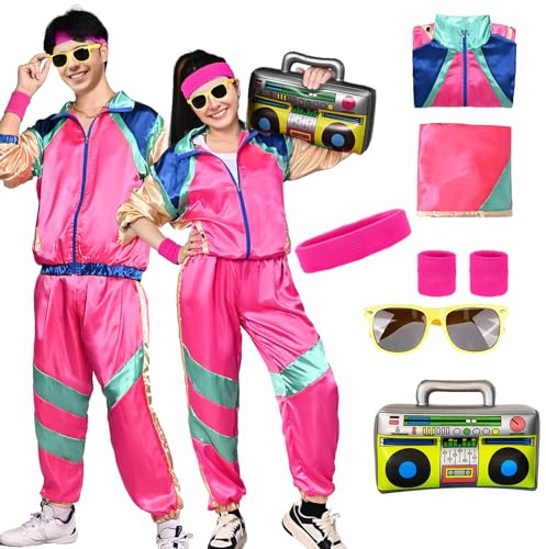 1980-talets träningsoverall herr dam vuxen jacka byxor 80-90-talet, nattklubb kostym karneval fest set retro joggingdräkt (rosa, XL)