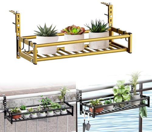 MBBTAG Pot plante garde corps, jardiniere suspendue, Support de Plante Suspendu pour Balcon, Crochet réglable, jardiniere balcon suspendue, Facile à installer, Forte capacité de charge(Or,61x24.5x26cm