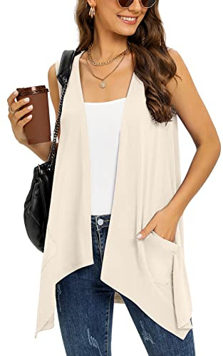 Wiwclo Cárdigan sin mangas de moda para mujer, chaleco ligero con bolsillos, casual, suave, de punto abierto, dobladillo alto y bajo, C06-light_apricot-Sleeveless, L