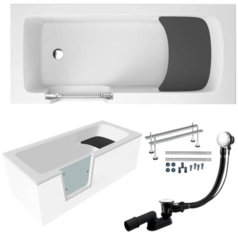BADLAND Premium SET 5in1 Badewanne Rechteck Acryl Weiß Wanne, Seniorenbadewanne mit Glastür und Holzsitz VOVO 180x80 cm, Links, Made in EU, mit Ablaufgarnitur und Füßen