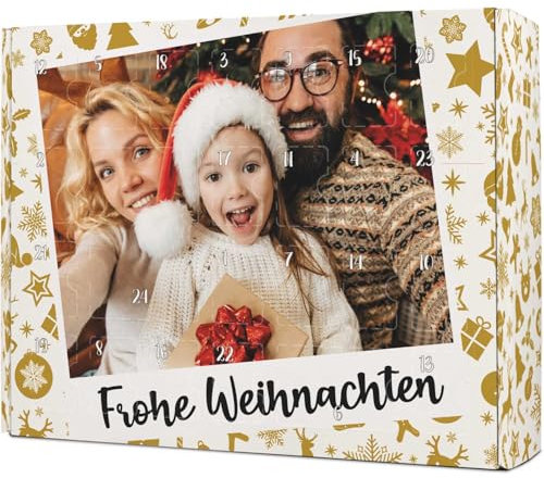 GRAVURZEILE Calendario de Adviento DIY para rellenar, foto retro, calendario de Navidad personalizado con su propia foto, 24 compartimentos, Papá Noel y Nochebuena extra grande, color: dorado