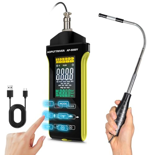 Hot Wire Anemometer Handheld CFM/CMM Air Flow Meter with 360° Revolve Telescopic Probe Measures Airflow and Temperature in Air Flow Velocity for HVAC Cone Duct-AP-5000Y