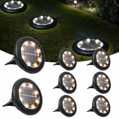 Hqynss Solar Lights Outdoor Garden, 8 Pack LED Solar Ground Lights IP65 Waterproof Solar Decking Lighting for Garden Pathway Lawn Patio Yard Landscaping (Warm White)