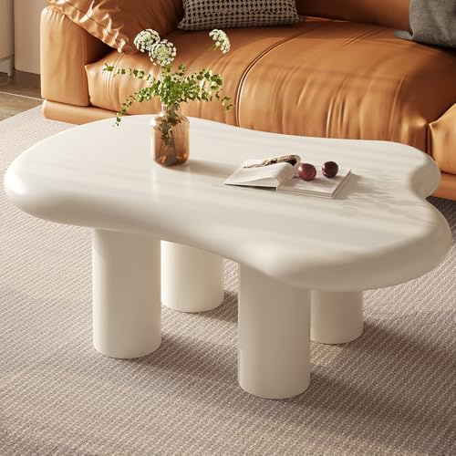Guyii Cloud-Shaped Coffee Table, Modern Sofa Table with 4 Legs, Cream White Center Table, Small Irregular Tea Table for Living Room, Easy Assembly