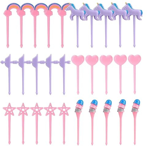 QIHUAN 30 Pieces Of Plastic Fruit Fork, Cute Cartoon Mini Sign, Reusable Food Toothpicks, Children'S Bento Box Dessert Decoration Accessories.