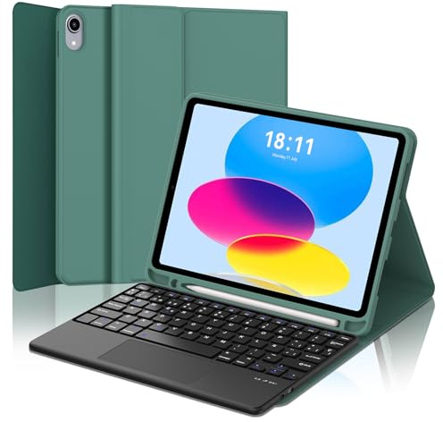 FOGARI Teclado con Touchpad para iPad A16 11ª Generación 2025/10ª Generación 10.9 2022, Funda con Español Ñ Teclado para iPad 10ª/11ª Generacion con Trackpad, Verde Oscuro