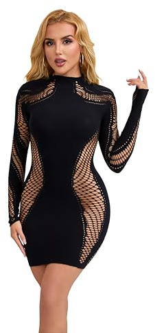 Bommi Fairy Womens Underkläder sexig fisknät bodycon klänning stripper outfit Hollow Out Mesh Chemise Babydoll, svart, XS-XXL