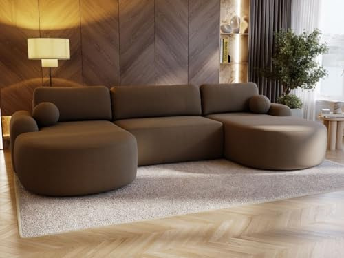 GRAINGOLD Aurio Ecksofa mit Schlaffunktion & Bettkasten 347x177 cm, U-Form Sofa mit Stauraum, Schlafcouch für Wohnzimmer, Bouclé-Stoff, 5-Sitzer Wohnlandschaft, Modernes Design (Braun)