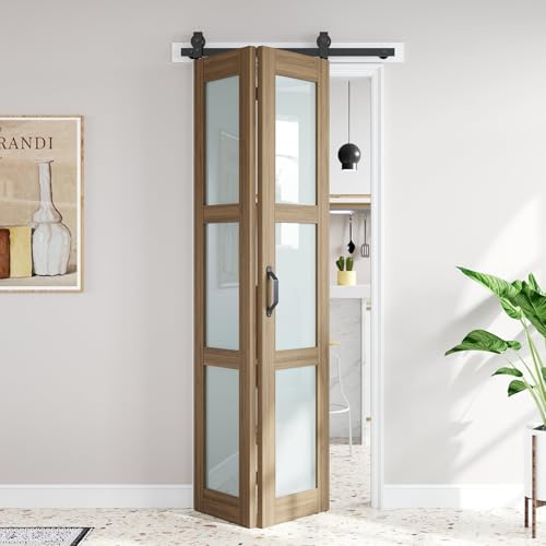 FREDBECK Bifold Barn Door 36X84(Double 18x84),3 Panels Glass with Hardware Kit Included, Modren,Water-Proof PVC Surface for Bathroom,Assembly Required