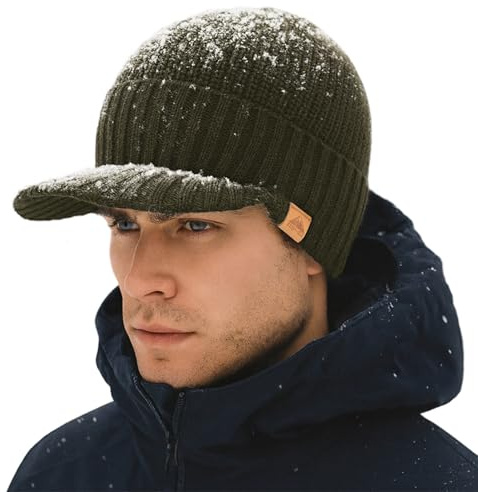 TOP-EX DryKnit Vattentät beanie mössa män merinoull vintermössa med skärm och fleecefoder varm merinoullmössa, 96587_militärgrön, M-L