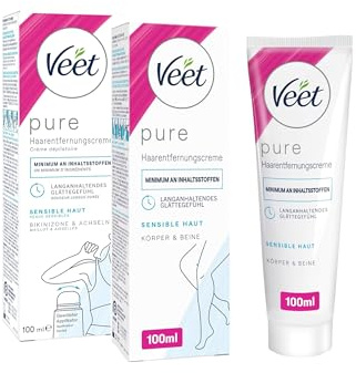 Veet Haarentfernungscreme für sensible Haut – 2x 100 ml – Für Bikinizone, Achseln & Körper – Mit gewölbtem Applikator & Spatel – Sanfte Enthaarung