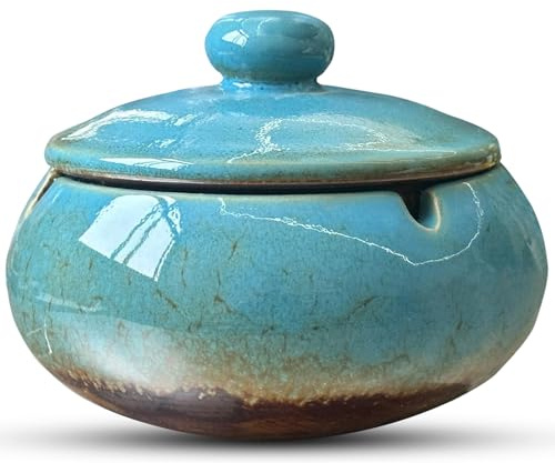 Ashtray with Lid, Kiln-Changed Blue Style, Premium Heat-Resistant Ceramic Ashtrays for Indoor Outdoor Use, Stylish Home Office Patio Balcony Decoration, Large Capacity Outdoor Ashtray