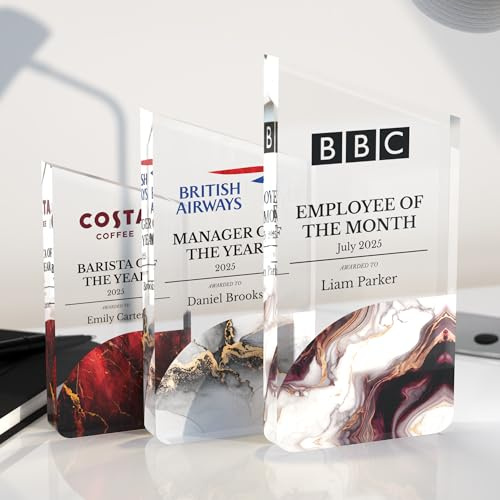 Active Decor Personalised Acrylic Trophy Plaque – Rectangular Glass-Effect Block Award with Custom Logo or Symbol – Corporate Recognition Desk Trophy – Employee of the Month, Office and Sports Awards