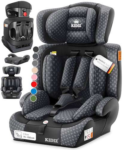 KIDIZ® Autokindersitz i-Size R129 100-150 cm bis 12 Jahre – Kinderautositz Gruppe 1/2/3 ohne Isofix, mitwachsender Kindersitz, 5-Punkt-Gurt, höhenverstellbare Kopfstütze, Sitzerhöhung Auto, Anthrazit