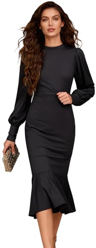 GOZINA Elegant Puff Sleeve Midi Dress for Women UK, Bodycon Ruffle Hem Design, Wedding Guest Outfit, Cocktail Party & Evening Formal Wear Black