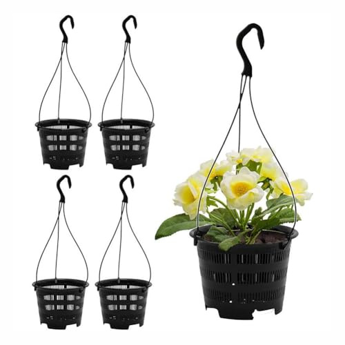 Wlinfetity Vasi per orchidee sospese, confezione da 5 fioriere in rete traspirante con ganci per balcone, decorazione da giardino per interni ed esterni, set di vasi per fiori in plastica nera per