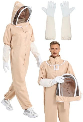 Imkeranzug | Imkeranzug Herren | Imkeranzug Damen | Bienenanzug für Herren | Bienenschutzkleidung | Imker Kostüm | Ganzkörper Schutzanzug Unisex Weiß, Kapuze & Handschuhe(XL)