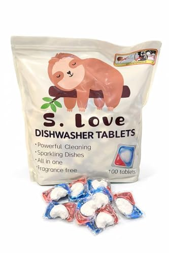 S. Love Dishwasher Tablets, 100 Tablets, All-in-One Dishwasher Cleaning Tablets, Fragrance Free, Powerful Grease Removal, Up to 100 Washes