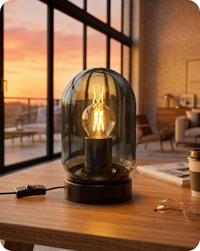 GOEBLESON Rauchglas Nachttischlampe mit Kabel, Vintage Glas Tischlampe | Kleine Tischleuchte mit E27 LED Birne, Industrial Retro, für Wohnzimmer Schlafzimmer Fensterbank Nachttisch Hotel