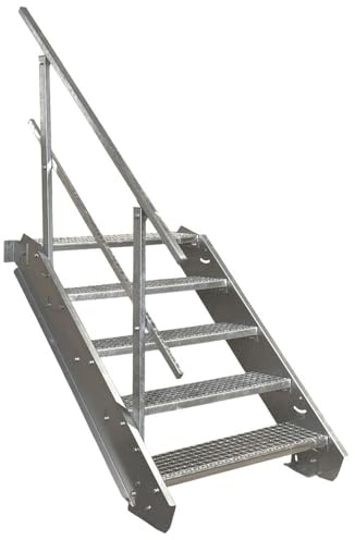 5 Stufen Stahltreppe mit einseitigem Geländer/Breite 70cm Geschosshöhe 70-105cm / Robuste Außentreppe/Wangentreppe/Stabile Industrietreppe für den Außenbereich/Inklusive Zubehör