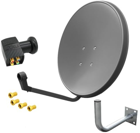 60 cm HD Sat Anlage Quad LNB Digital + Wandhalter 25 cm + 4X F-Stecker 4 Teilnehmer Antenne Grau UHD 4K