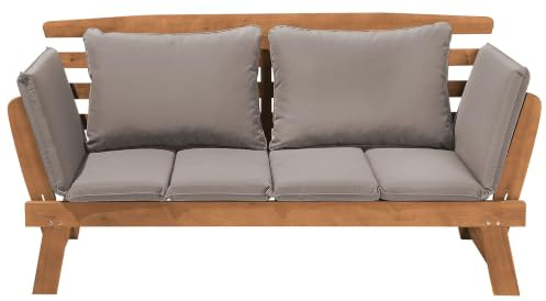 Beliani Gartenbank Holz Hellbraun verstellbare Armlehnen Auflagen beige/Taupe Portici