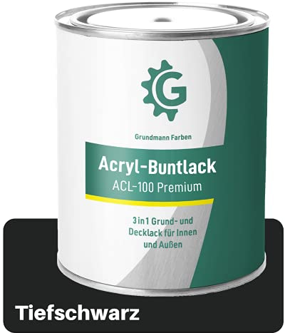 Grundmann Acryllack ACL 100 - Schwarz 0,7 Kg - 4in1 Lack inkl. Grundierung - Innen und Außen - Für Holz, Metall, Stein & Kunststoff - Tiefschwarz RAL 9005