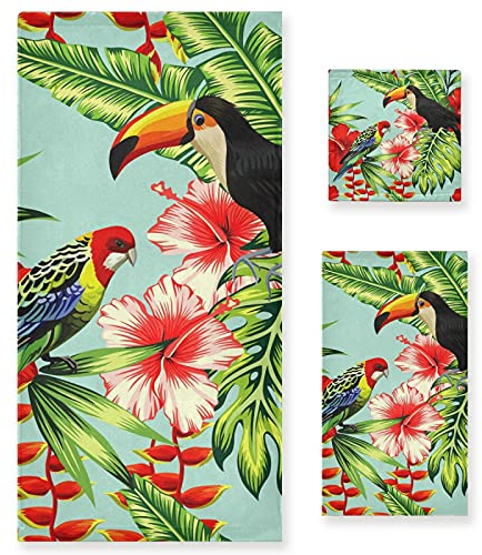 Vnurnrn Tropischer Vogel Tukan Papagei Handtuchset für Badezimmer(1 Badetuch & 1 Handtuch & 1 Waschlappen) Geruchsresistente Handtücher für Mädchen Kinder
