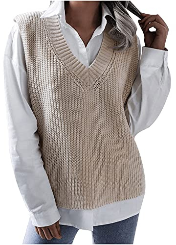 TTivxe Chaleco de punto con cuello en V para mujer, sin mangas, estilo casual, monocolor, suéter de negocios, beige, L