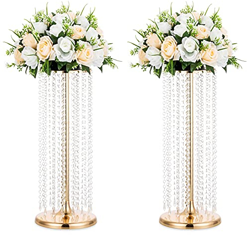 Nuptio 2 Pezzi Portafiori Alto Oro 60cm Centrotavola Matrimonio Cristallo Vaso Fiori Metallo Vasi per Decorazioni Tavoli Festa Decorazioni Matrimoni Sfusi Decorazione Centrotavola Lampadari Tavolo