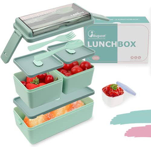 Bugucat Bento Box 1400ML - 2 Layer 3 Compartments Leak Proof Lunch Container with Cutlery for Adults and Kids, Stackable Meal Prep Container, Green