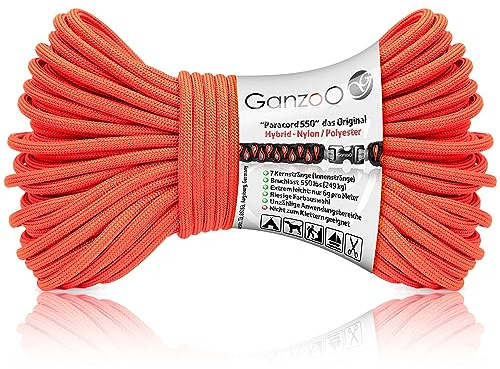 Ganzoo paracorde 550 Hybrid nylon polyester, type 3, 7 brins, diamètre 4 mm, longueur 30 m, orange fluo hotorange, cordelette polyvalente pour camping, porte clef, poignée couteau, longe collier chien