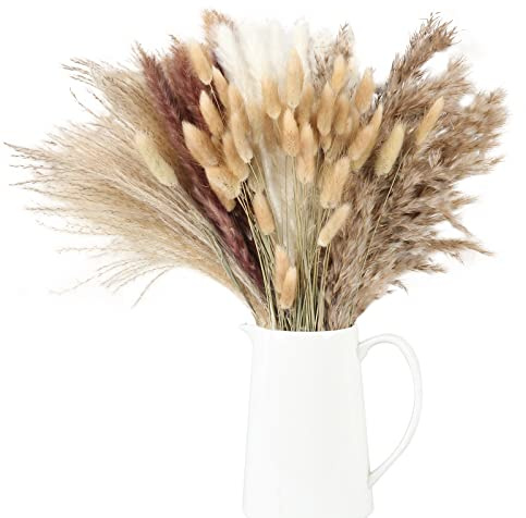 NAHUAA 110Pcs Dried Flowers Pampas Grass Bunny Tails Natural Dried Flowers Bouquet Artificial Phragmites Boho Brown White Pampas Grass Arrangements Decor for Vase Wedding Floral Home Garden Party DIY