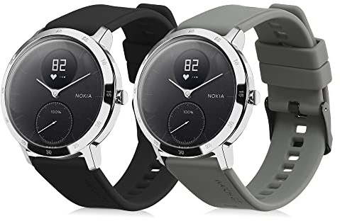 kwmobile Straps for Withings ScanWatch 42mm / Steel HR 40mm / ScanWatch Horizon Straps - 2x Replacement Silicone Watch Bands - Smartwatch or Fitness Tracker - Black/Grey