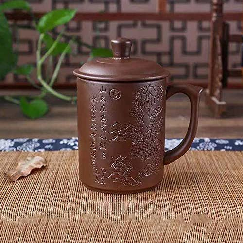 HonHeam Tazza da tè in ceramica cinese, dipinta a mano, con coperchio e infusore, Yixing Zisha, tazza da tè in argilla viola dipinta a mano, per ufficio casa (vista montagna marrone)