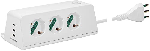 VIMAR 00609.CC.B Presa multipla da scrivania con interruttore e cavo 2m, 3 uscite SICURY universale standard italiano, 2 uscite USB A e 1 USB C, ricarica induttiva 10 W, spina 16A, bianco