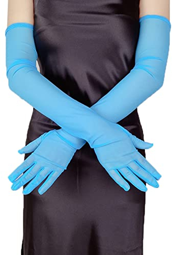 dPois Damen Nylon Handschuhe Sexy Armstulpen Elbogen Lang Brauthandschuhe Handstulpen Durchsichtig Zubehör für Party Hochzeit Blau Einheitsgröße