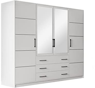 Mirjan24 Drehtürenschrank Bado 240, Kleiderschrank mit Spiegel, 10 Fächer, 3 Schubladen, 4 Tür, Spiegel, Elegantes Schlafzimmer Schrank, Jugendzimmer (Weiß)