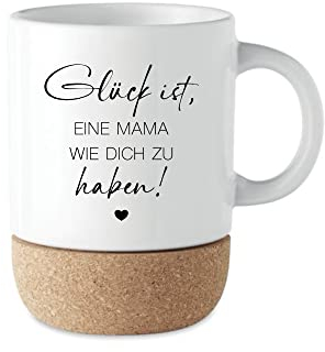 Manufaktur Liebevoll I Mama Geschenk Tasse Kaffeetasse Keramiktasse mit Kork Boden & Deckel Spruch Tasse Mama | Kaffeebecher Geburtstag Muttertag Danke Geschenk Weihnachten (Glück Mama)