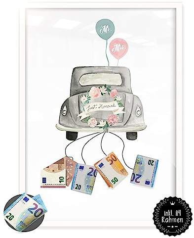 myDreamwork® Geldgeschenk Hochzeit – Besonderes Hochzeitsgeschenk, Hochzeitsgeschenke für Brautpaar | DIN A4 | Verpackung Geldgeschenke Geschenk Bild - Wedding Car Weiß