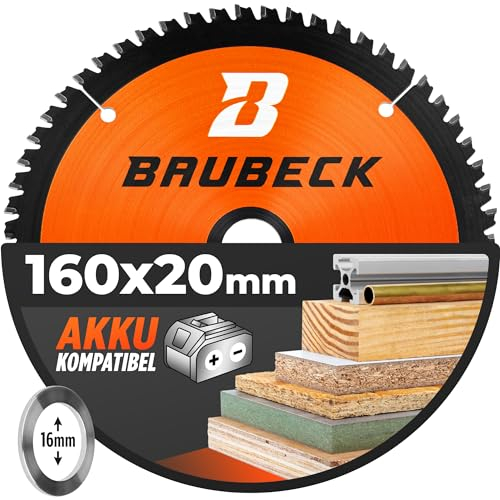 BAUBECK Akku Sägeblatt 160x20 inkl. 16mm Reduzierring - Multi Material Feinschnitt - Sägeblatt 160mm für Holz, Aluminium, Metall uvm. - Akku Kreissägeblatt 160x16