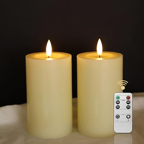 LUCOZA Juego de 2 velas LED parpadeantes sin llama con temporizador y mando a distancia para interiores, 12,7 cm, funciona con pilas, velas de cera real, velas realistas con mecha 3D, color blanco