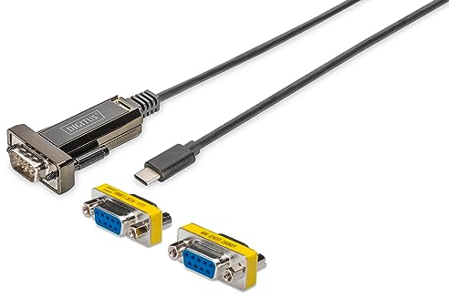 DIGITUS Set: USB-C auf Seriell Adapter – RS232 Konverter – USB 2.0 Typ-C zu DSUB 9M – FTDI FT232RL Chipsatz – Inkl. 1 m Kabel – Mit D-Sub 9 Gender-Changer (Buchse zu Buchse)