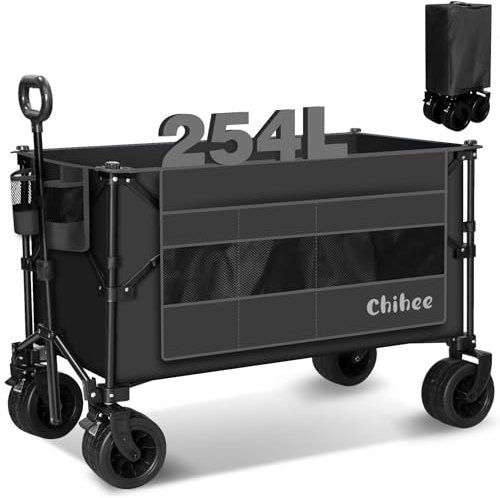 Chihee Chariot de Jardin Pliable Utilitaire pour l'Extérieur - Plage, Capacité 254L, Portatif Robuste, Roues Tout Terrain, Poche Latérale Surdimensionnée, 2 Porte-Boissons