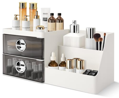 Sunkaioo Makeup Organizer with Clear Drawers,Plastic Skincare Organizers for Vanity,Large Capacity Makeup Organizer Countertop for Cosmetics, Skincare,Office Stationery (Gray Drawer)
