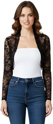 BODYWEAR LTD New Womens Long Sleeve Top Cropped Long Sleeves, Flowery Lace, Open Front, Bolero Cardigan Ladies Shrug Sizes 8-14 (Black Lace, XL)