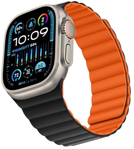 Bisikor Compatible with Apple Watch Strap 49/46/45/44/42/41/40/38mm Double Sided Wearable Silicone Magnetic Strap for iWatch Ultra SE Series 10 9 8 7 6 5 4 3 (42/44/45/46/49, Orange/Black)