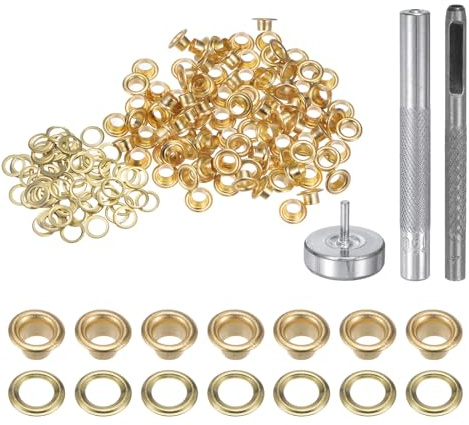 QUARKZMAN Grommet Werkzeug Kit, 100 Pcs 4mm Ösen mit 2 Ösenzange & 1 Scheiben Set, Metallösen Kupfer Tülle Stanzwerkzeug für Stoff Planen Leder Gewebe Vorhang Poolabdeckung, Gold