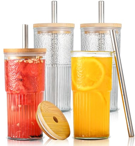 sweet grain Glass Cups with Straws and Lids, 20 oz 600 ml Ice Coffee Cup 4 Pack, Drinking Glasses for Iced Coffee, Boba Cup, Juice